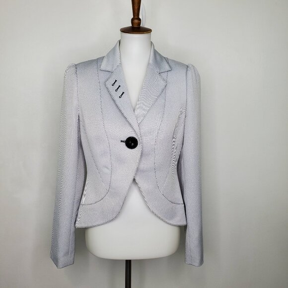 Nine West White Black Pinstriped Button Front Long Sleeve Career Blazer Size 6 - Picture 1 of 12